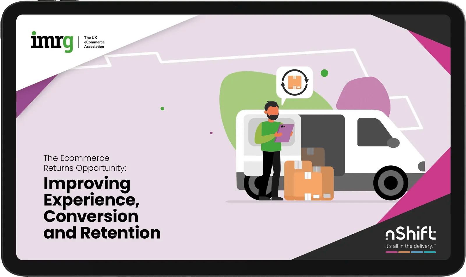 The Ecommerce Returns Opportunity report by IMRG and nShift, shown on a tablet