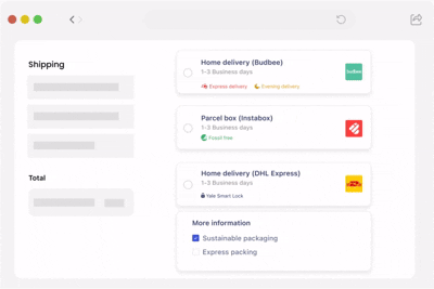 checkout screen displaying dynamic delivery options like parcel lockers and home delivery windows based on customer location.