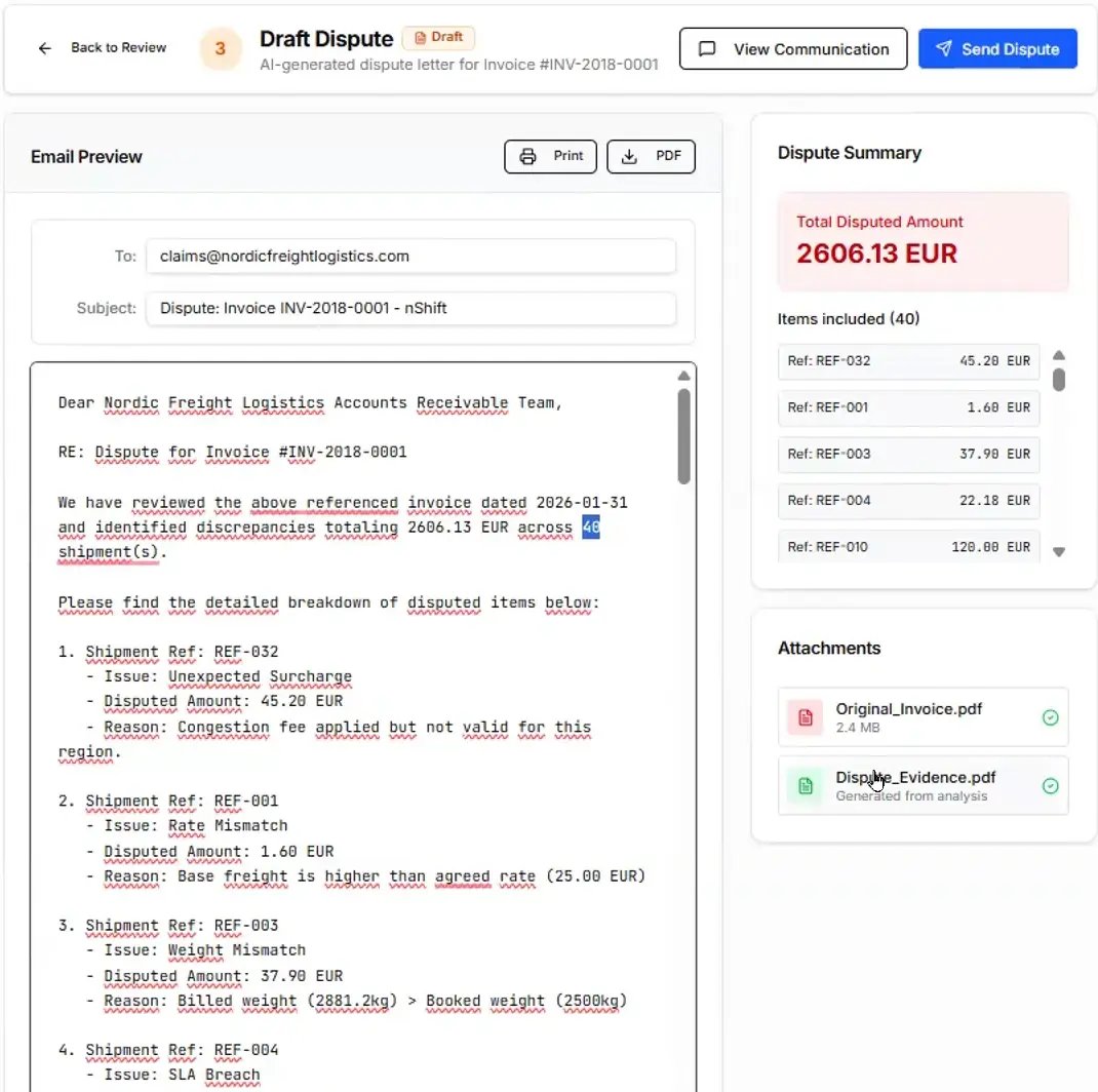 nShift Audit Draft Dispute screen with the dispute email preview, total disputed amount and attached original invoice and evidence