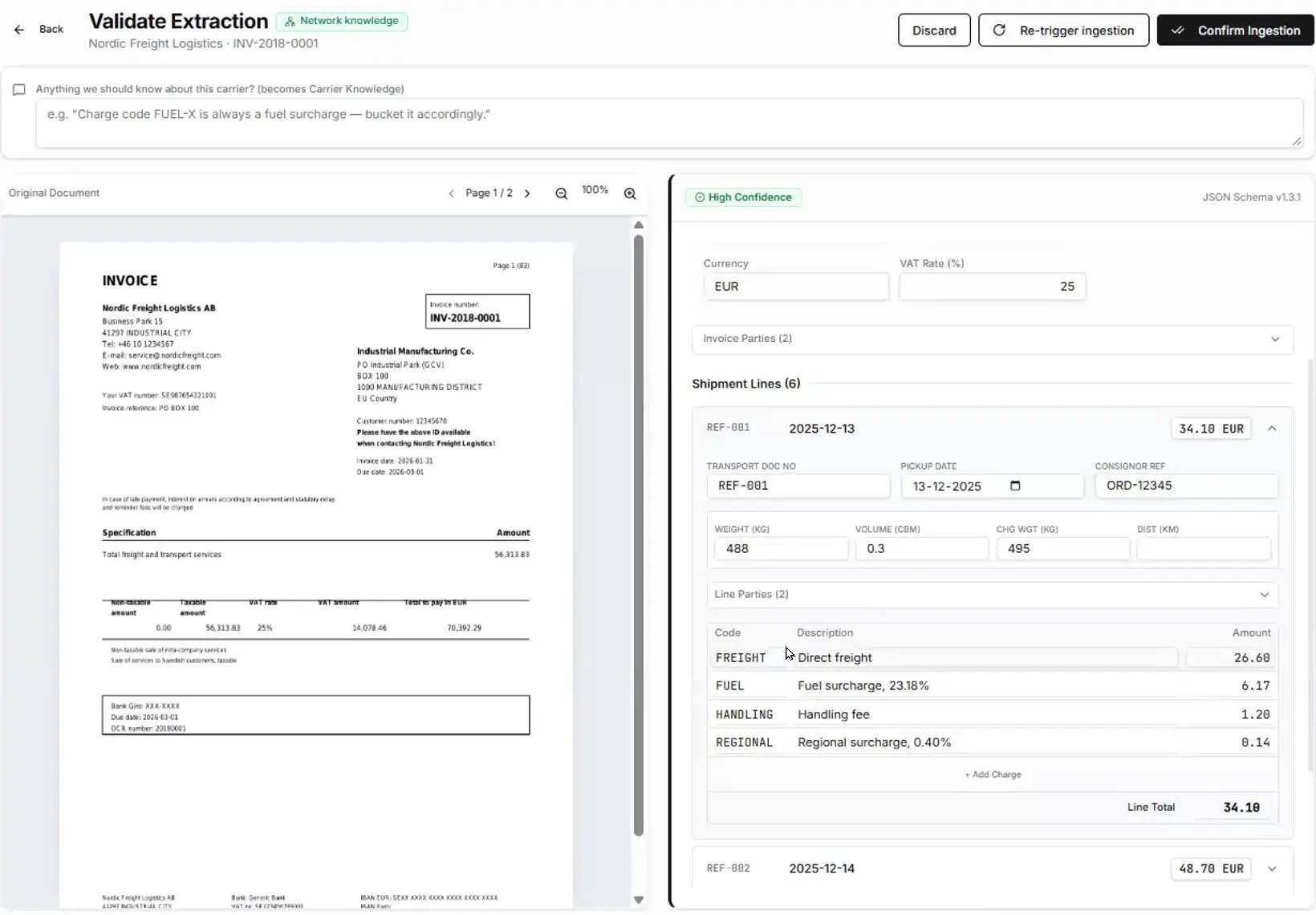 nShift Audit Validate Extraction screen with the original carrier invoice PDF on the left and the extracted charge lines on the right