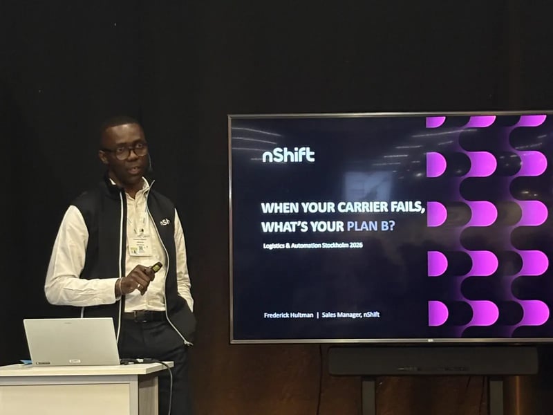 nShift's Frederick Hultman opening his session 'When your carrier fails, what's your Plan B?' at Logistics & Automation Stockholm 2026
