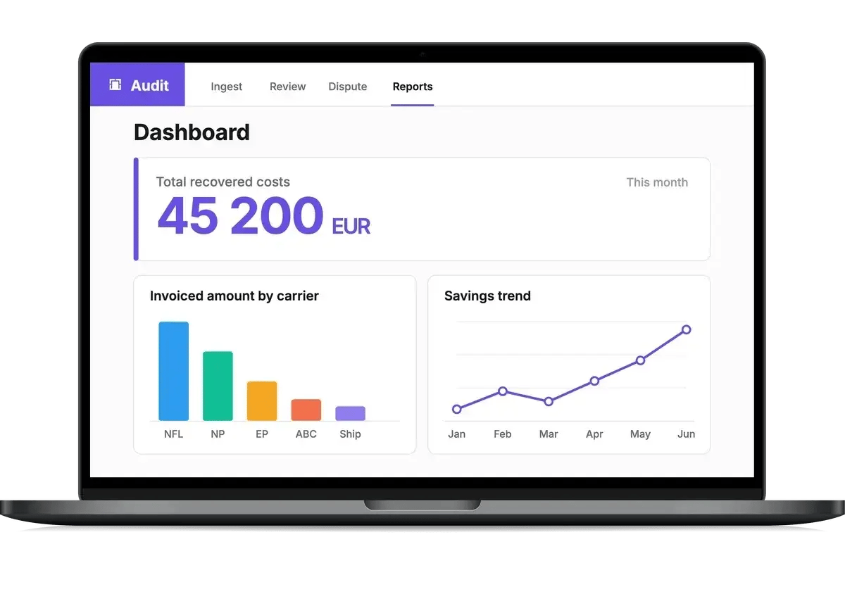 nShift Audit dashboard: total recovered costs this month (example: 45,200 EUR), invoiced amounts and a savings trend from January to June.