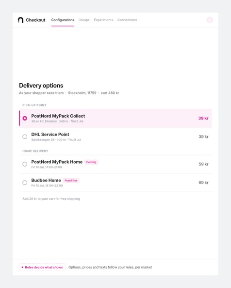 nShift Checkout delivery options as the shopper sees them, with pick-up points and home delivery