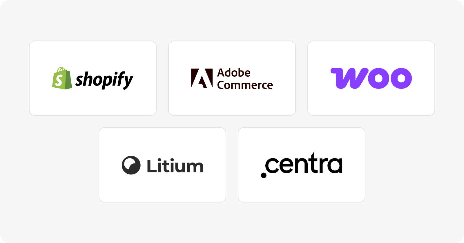 Shopify, Adobe Commerce, WooCommerce, Litium and Centra logos