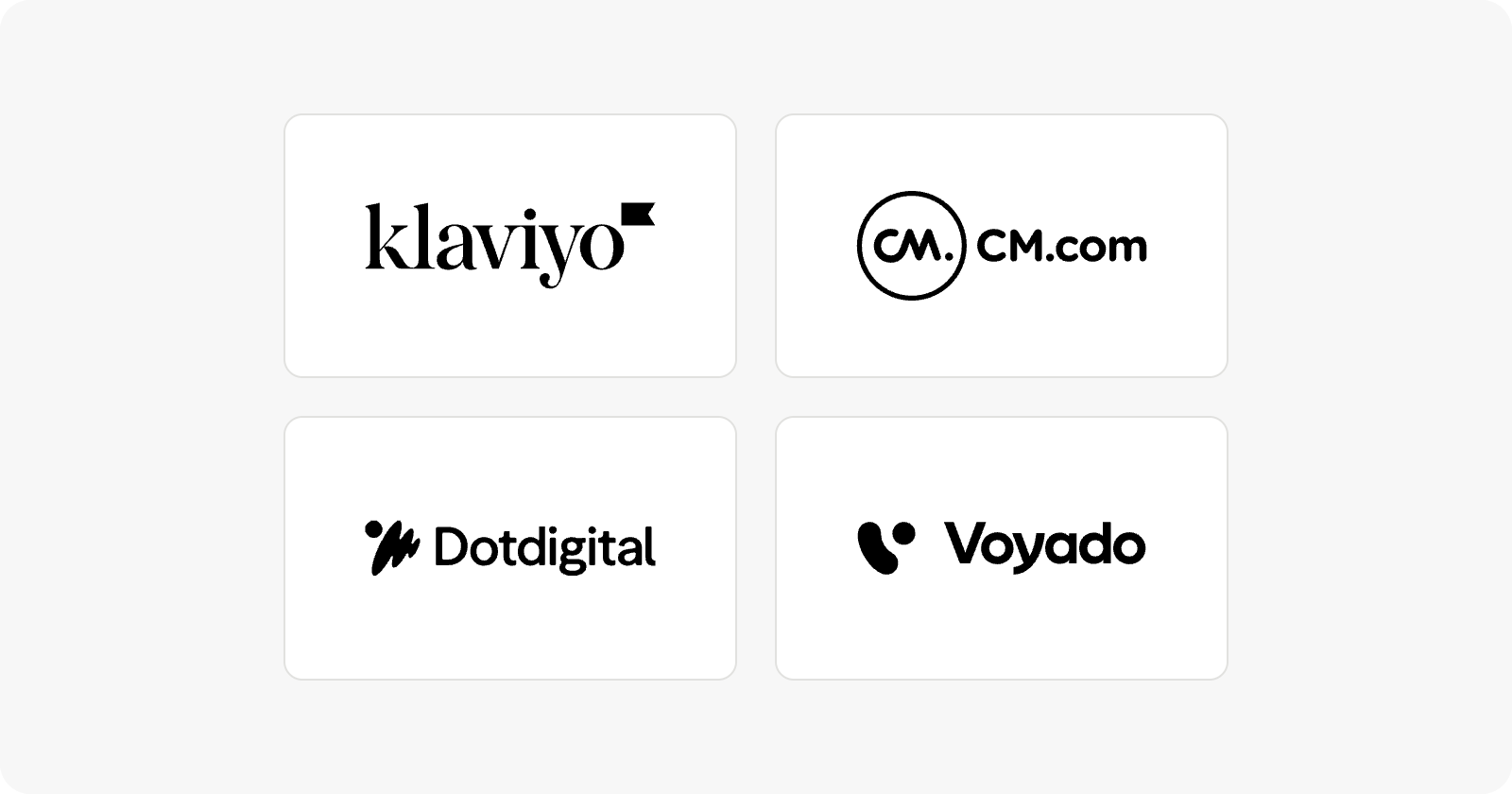 Klaviyo, CM.com, Dotdigital and Voyado logos