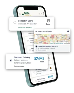 Multi-carrier shipping software illustration of a mobile phone with multiple checkout options