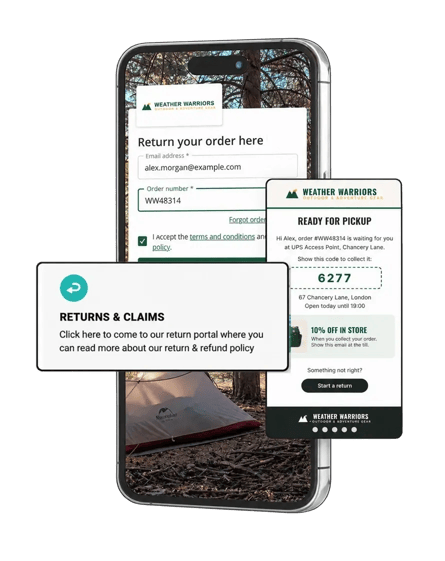 nShift Returns flow on a mobile device