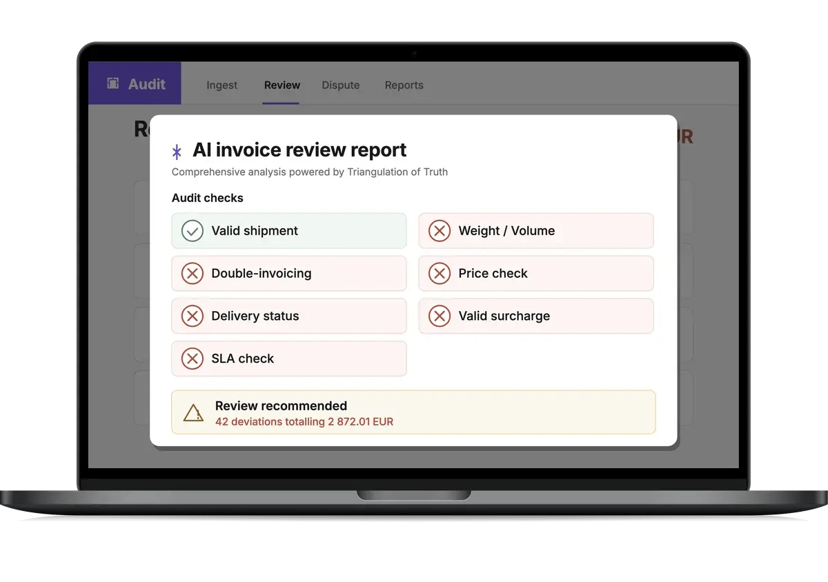 nShift Audit AI invoice review report showing the seven deviation checks