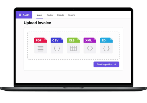 nShift Audit upload screen with PDF, CSV, Excel, XML and EDI invoice formats