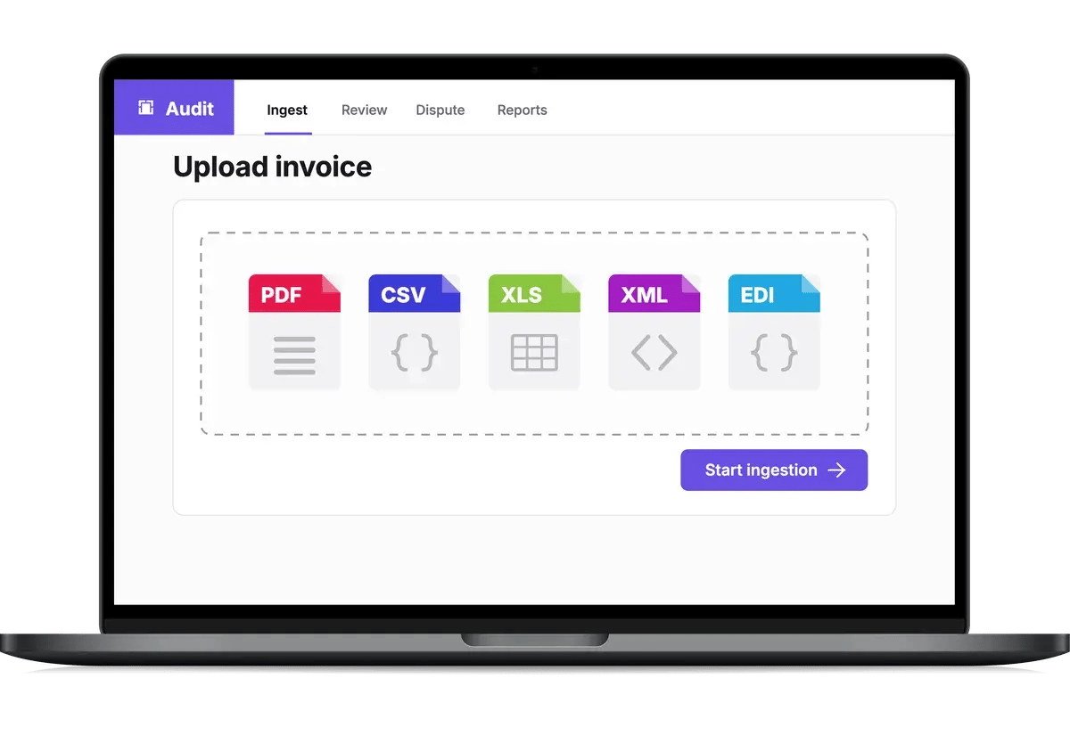 nShift Audit upload screen with PDF, CSV, Excel, XML and EDI invoice formats