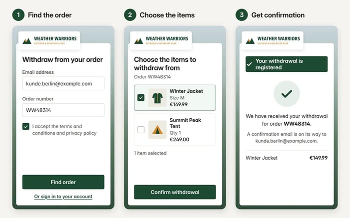 Illustration of a shopper's withdrawal flow in a returns portal run on nShift Returns: 1, find the order with an email address and order number; 2, choose the items to withdraw from; 3, the withdrawal is registered and a confirmation email is on its way.