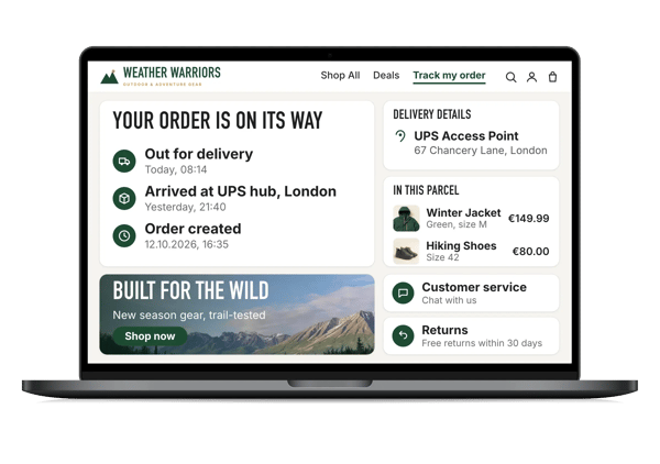 Weather Warriors branded tracking page on a laptop: delivery timeline, UPS Access Point in London, parcel contents, customer service and returns links, campaign banner