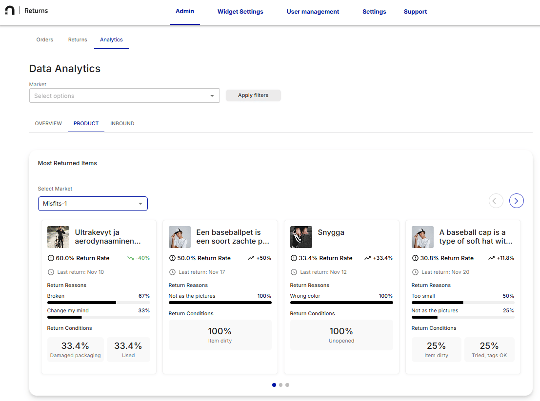 Most-returned-products analytics in the nShift Returns admin dashboard