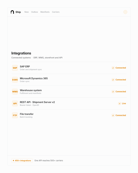 nShift Ship integrations screen, ERP, WMS and REST API connections