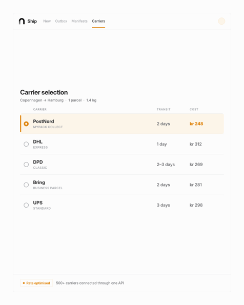 nShift Ship carrier selection screen, comparing carrier rates and transit times