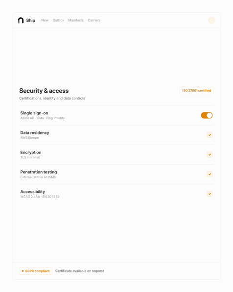 nShift Ship security and access screen, ISO 27001, single sign-on and data residency