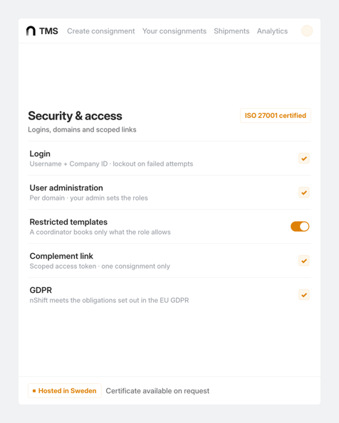 nShift TMS, what security asks view