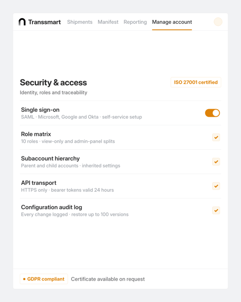 nShift Transsmart, what security asks view