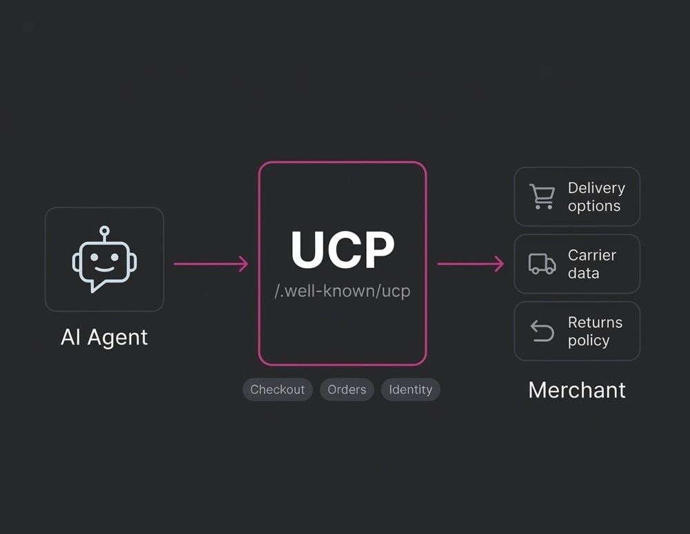 Universal Commerce Protocol (UCP) diagram showing how AI agents query checkouts and delivery endpoints