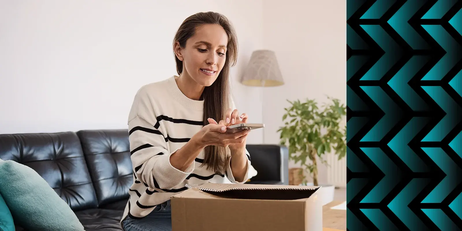 woman scanning a barcode with her phone in her house sitting on the couch