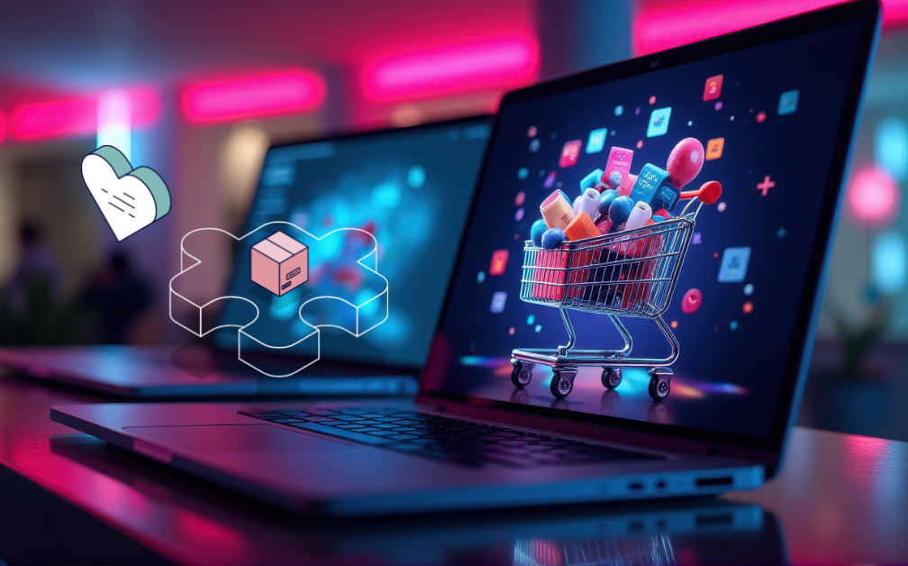Laptop screens display a vivid digital shopping cart with icons