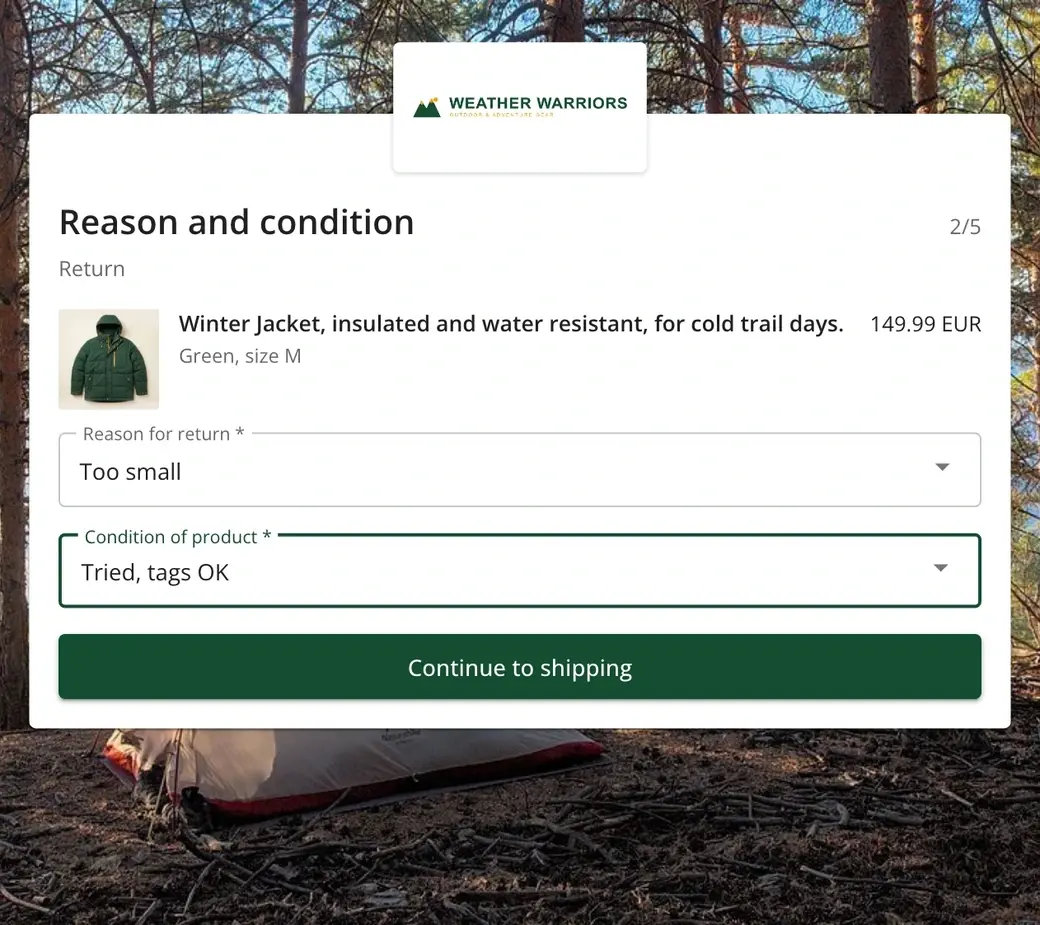Selecting a reason for return in the nShift Returns portal